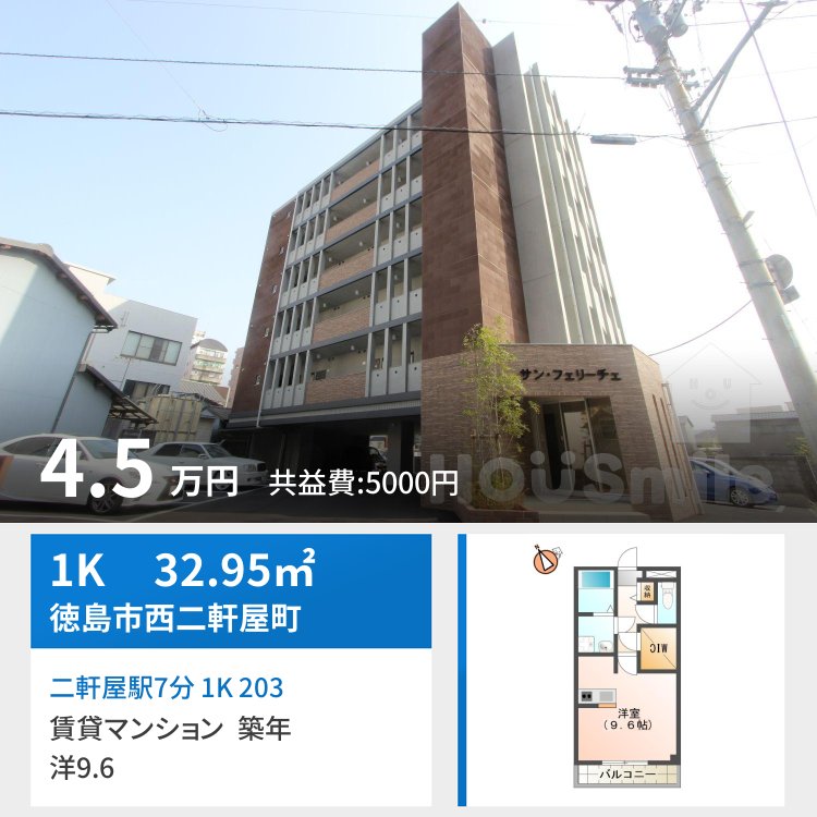 二軒屋駅7分 1K 203