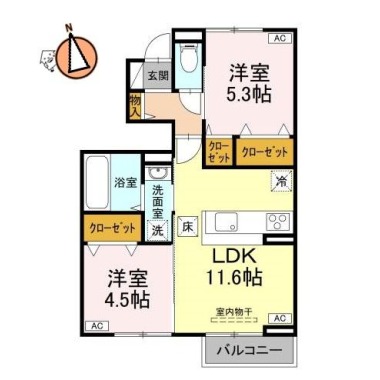 北矢三町 アパート 2LDK 103の間取り図