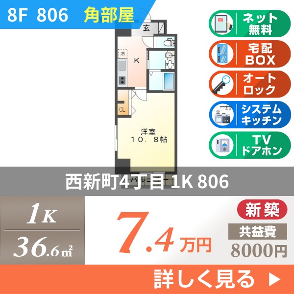 西新町4丁目 マンション 1K 806