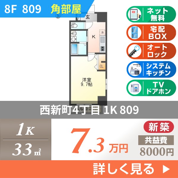 西新町4丁目 マンション 1K 809