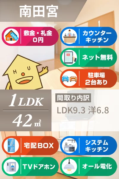 南田宮 アパート 1LDK B106のお部屋の特徴